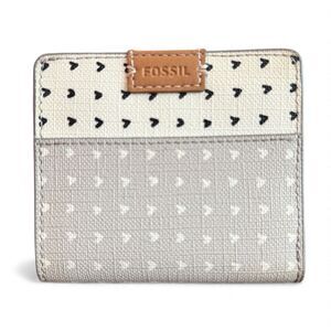 Fossil Logan RFID Bifold Wallet Coin White Hearts Gray Zip Snap Vegan Leather